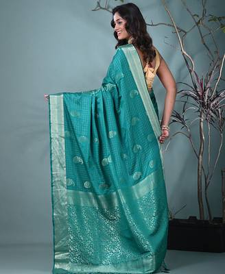 elegant teal silk blend saree with intricate brocade work 3