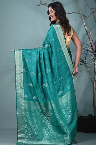 elegant teal silk blend saree with intricate brocade work