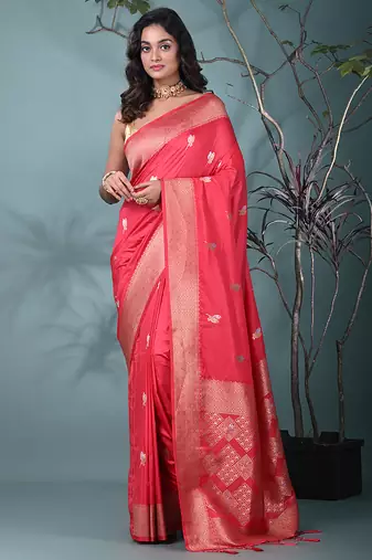 graceful punch pink silk blend blend saree with intricate zari work