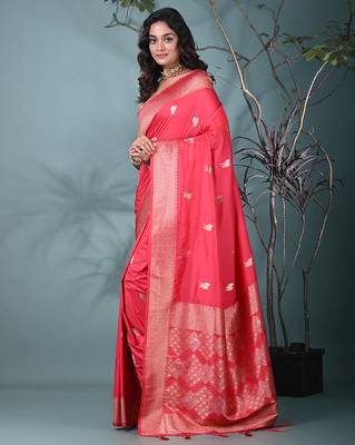 graceful punch pink silk blend blend saree with intricate zari work 2