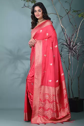 graceful punch pink silk blend blend saree with intricate zari work