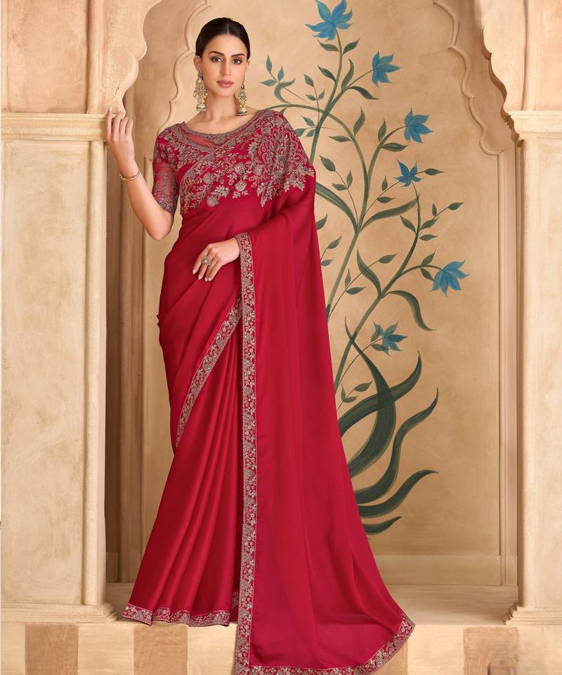 sparkle red georgette saree with banglori work blouse