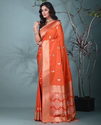 graceful orange silk blend blend saree with intricate zari work 2