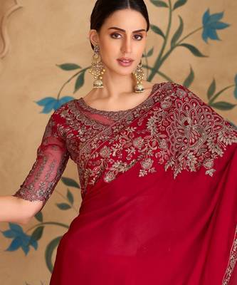 sparkle red georgette saree with banglori work blouse 2