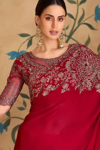 sparkle red georgette saree with banglori work blouse