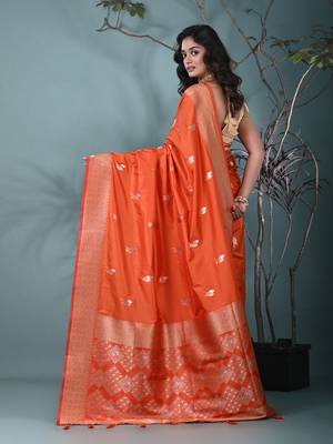 graceful orange silk blend blend saree with intricate zari work 3