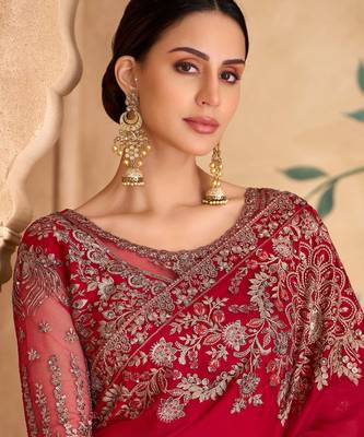 sparkle red georgette saree with banglori work blouse 3