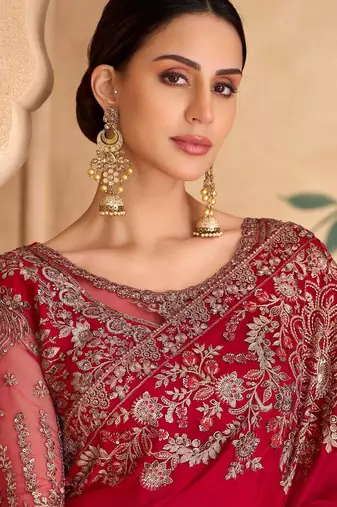 sparkle red georgette saree with banglori work blouse