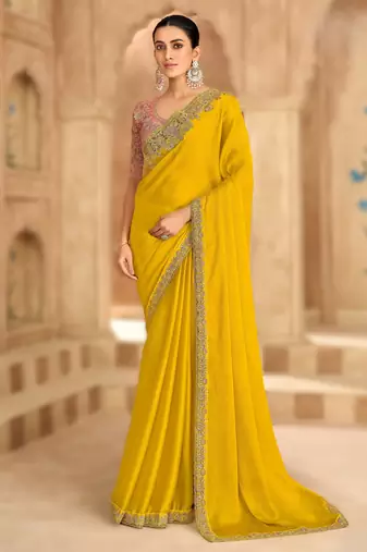 gold satin chiffon saree with banglori work blouse