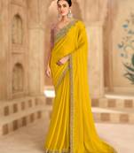 gold satin chiffon saree with banglori work blouse