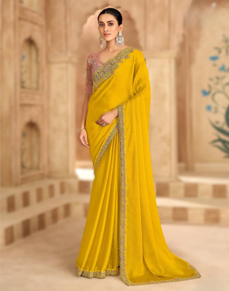 gold satin chiffon saree with banglori work blouse