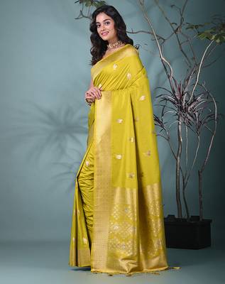 graceful lime green silk blend blend saree with intricate zari work 2