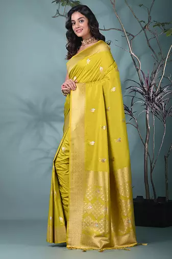 graceful lime green silk blend blend saree with intricate zari work