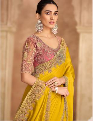 gold satin chiffon saree with banglori work blouse 2