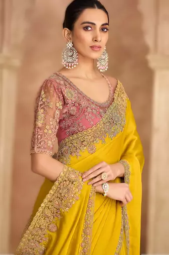 gold satin chiffon saree with banglori work blouse