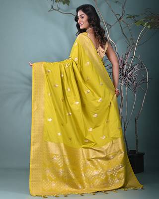 graceful lime green silk blend blend saree with intricate zari work 3