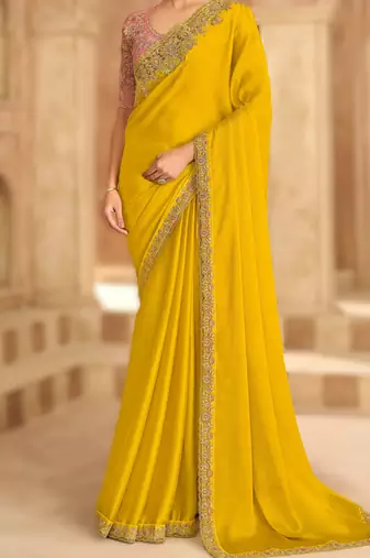 gold satin chiffon saree with banglori work blouse