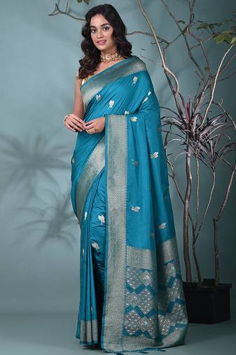 graceful sky blue silk blend blend saree with intricate zari work