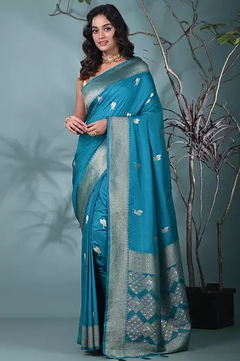 graceful sky blue silk blend blend saree with intricate zari work