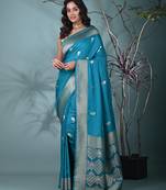 graceful sky blue silk blend blend saree with intricate zari work