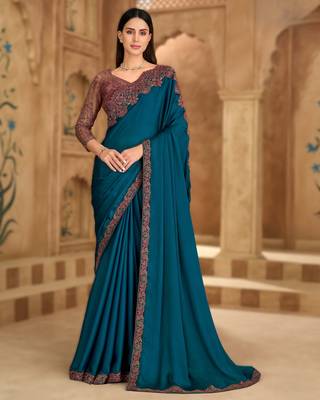till blue satin chiffon saree with banglori work blouse 1