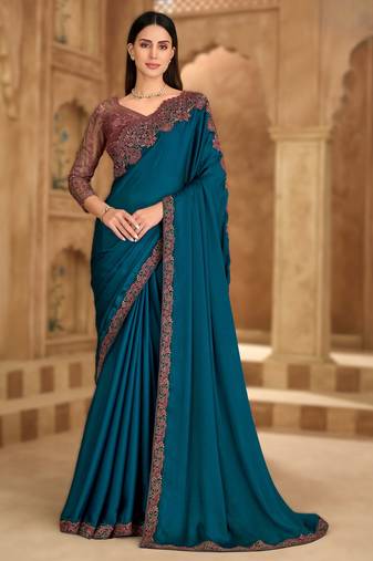 till blue satin chiffon saree with banglori work blouse