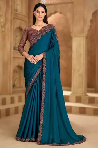 till blue satin chiffon saree with banglori work blouse
