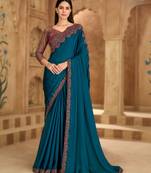 till blue satin chiffon saree with banglori work blouse