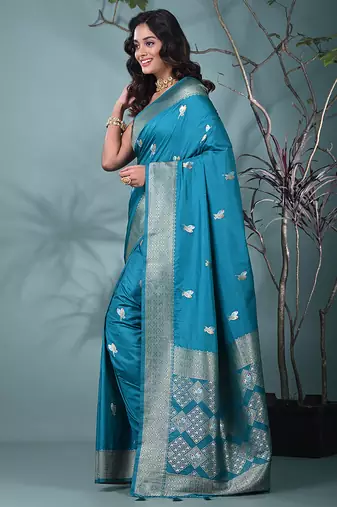 graceful sky blue silk blend blend saree with intricate zari work