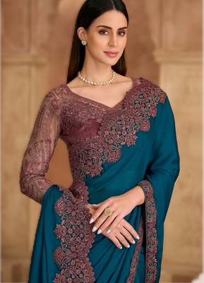 till blue satin chiffon saree with banglori work blouse 2