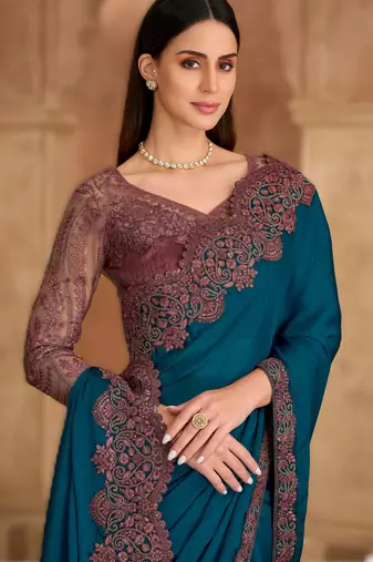 till blue satin chiffon saree with banglori work blouse