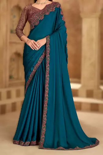 till blue satin chiffon saree with banglori work blouse