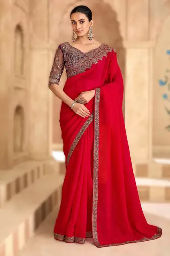 cherry red satin georgette saree with banglori work blouse