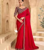 cherry red satin georgette saree with banglori work blouse