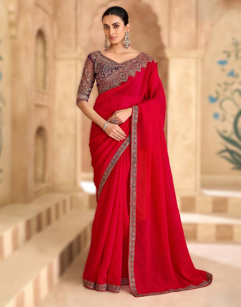 cherry red satin georgette saree with banglori work blouse