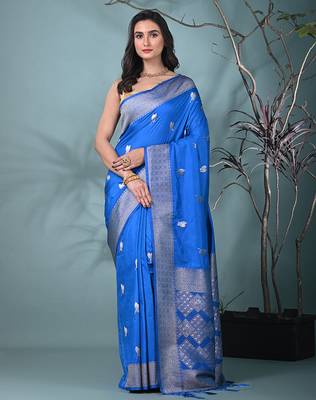 graceful sky blue silk blend blend saree with intricate zari work 1