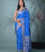 graceful sky blue silk blend blend saree with intricate zari work