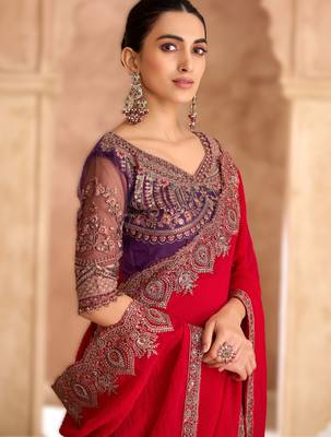 cherry red satin georgette saree with banglori work blouse 2
