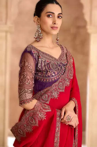 cherry red satin georgette saree with banglori work blouse