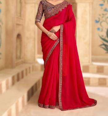 cherry red satin georgette saree with banglori work blouse 3