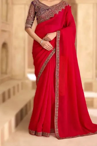 cherry red satin georgette saree with banglori work blouse