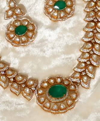 Gold plated kundan green stones necklace set 1
