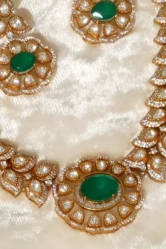 Gold plated kundan green stones necklace set