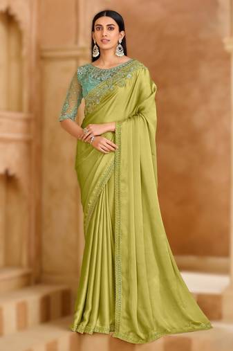 pistachio green satin chiffon saree with banglori work blouse