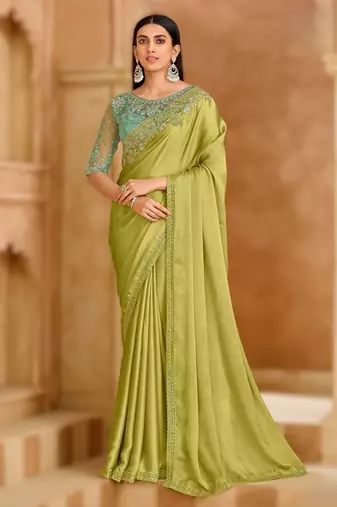 pistachio green satin chiffon saree with banglori work blouse