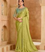 pistachio green satin chiffon saree with banglori work blouse