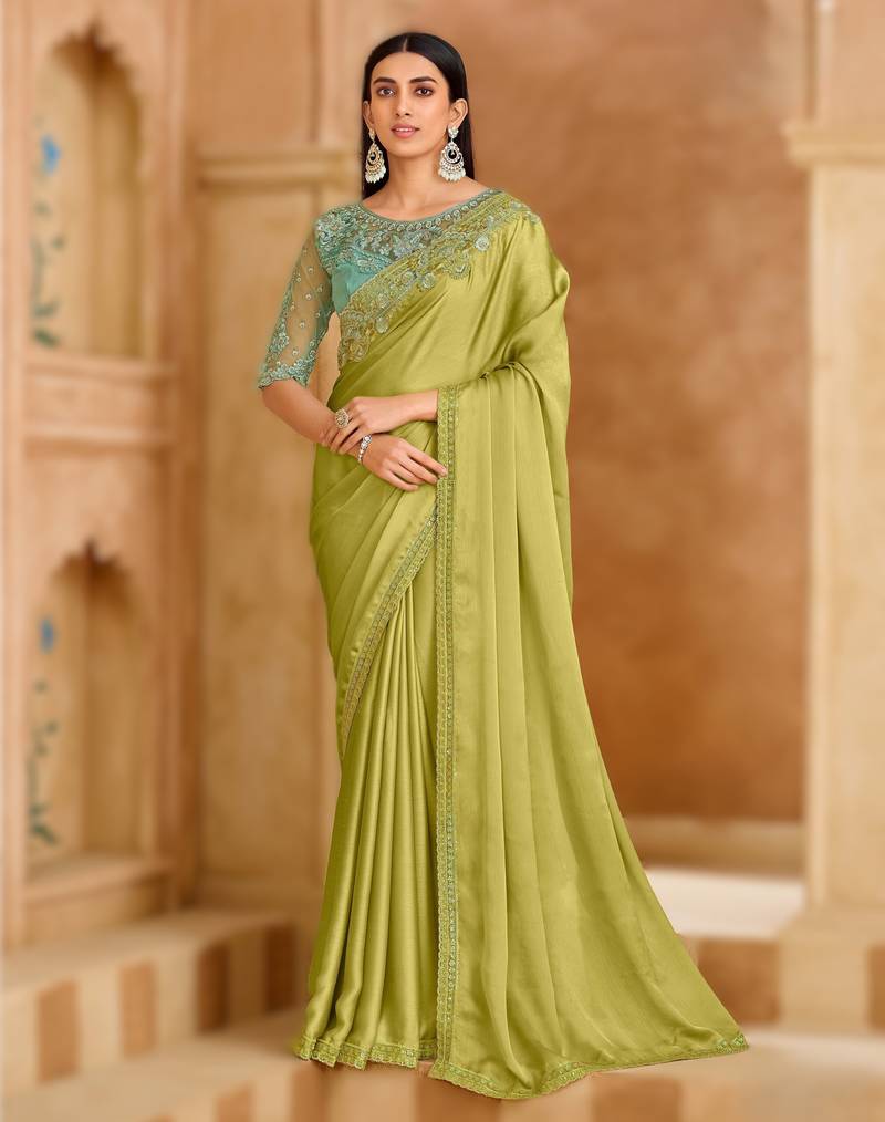 pistachio green satin chiffon saree with banglori work blouse