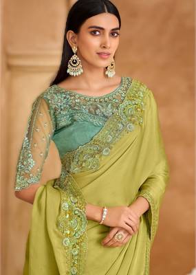 pistachio green satin chiffon saree with banglori work blouse 2