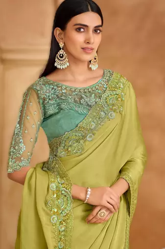 pistachio green satin chiffon saree with banglori work blouse