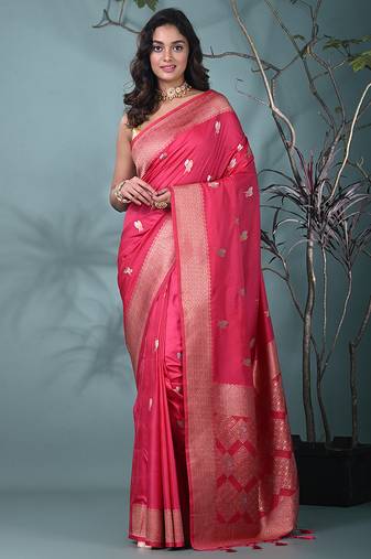 graceful fuchsia silk blend blend saree with intricate zari work